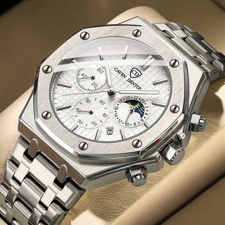 Waterproof High - grade Three Eyes And Six Needles Multi - functional Moon Phase Men's Steel Strap Watch - MenionnullMenion
