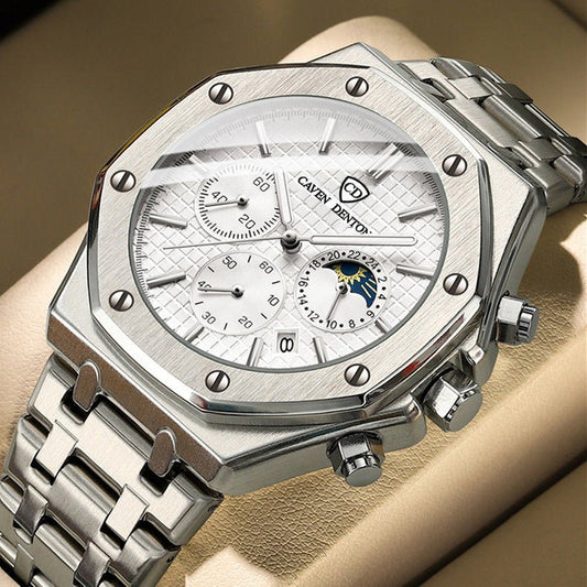 Waterproof High - grade Three Eyes And Six Needles Multi - functional Moon Phase Men's Steel Strap Watch - MenionnullMenion
